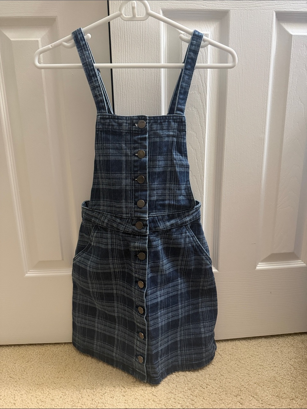 Asos Button-Front Blue Plaid Denim Pinafore Dress